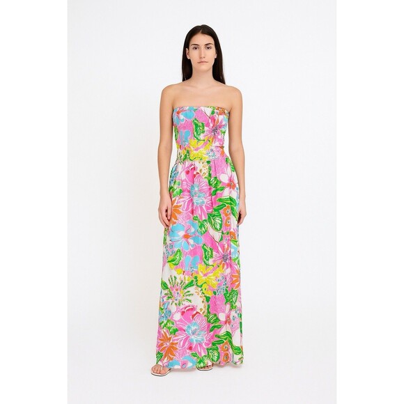 Lilly Pulitzer Dresses & Skirts - Lilly Pulitzer Womens Dress Pink Floral Nosey Posey Strapless Maxi Hawaiian XS